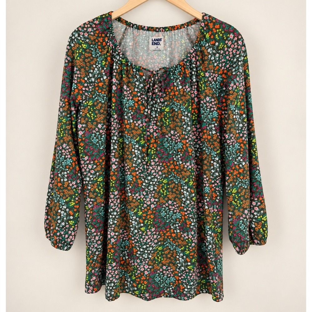 Lands' End Floral Peasant Top Medium Green Multi Cottagecore Boho Casual Blouse